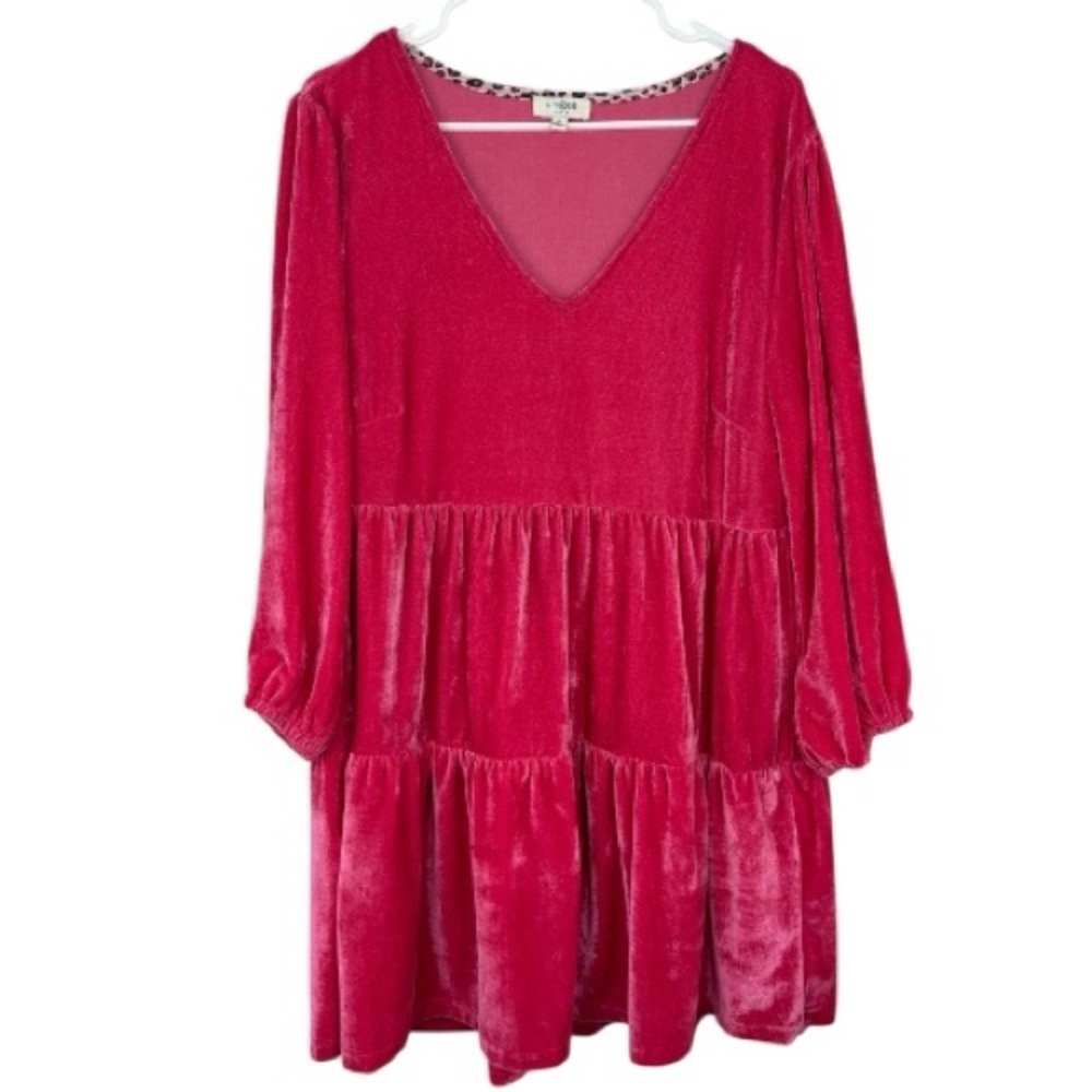 Umgee Bright Pink V-Neck Velvet Baby Doll Dress size Medium coquette kidcore
